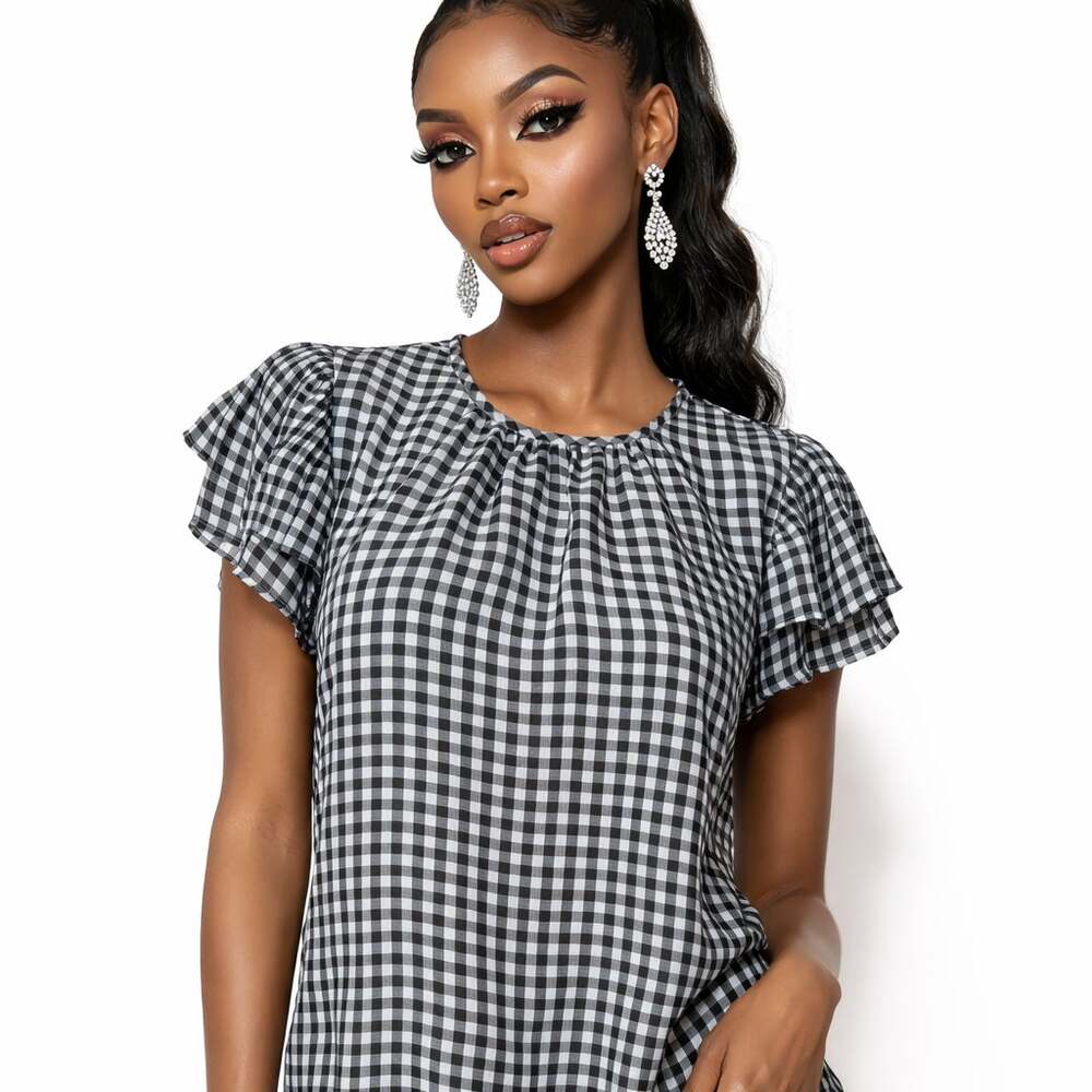 Ann Taylor Petite Blouse Womens Small Petite Navy White Gingham Check Flutter